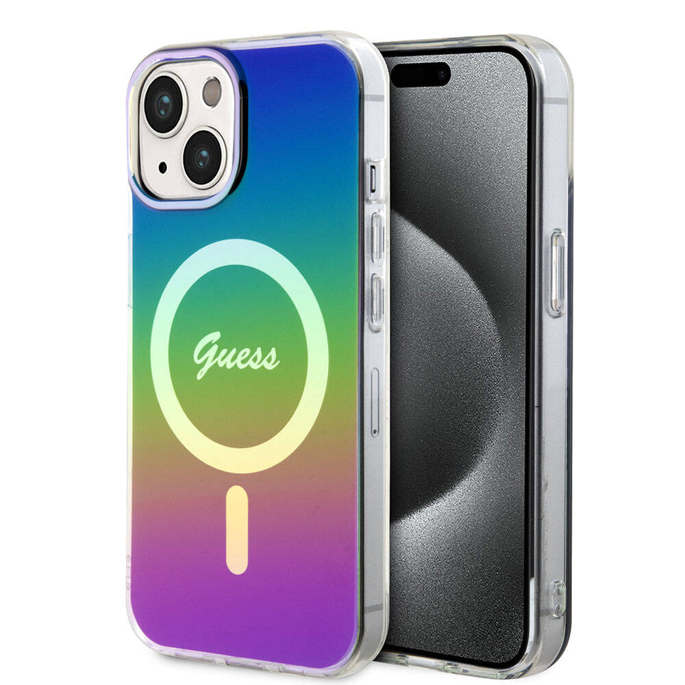 Apple iPhone 15 Plus Uyumlu Kılıf Guess Orjinal Lisanslı Magsafe Şarj Özellikli Yazı Logolu Iridescent Kapak - 7