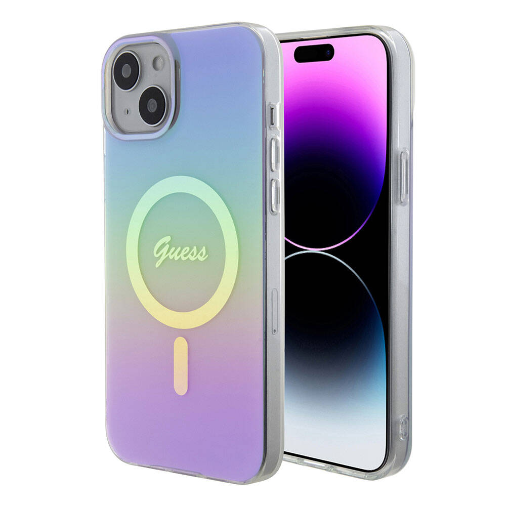 Apple iPhone 15 Plus Uyumlu Kılıf Guess Orjinal Lisanslı Magsafe Şarj Özellikli Yazı Logolu Iridescent Kapak - 14