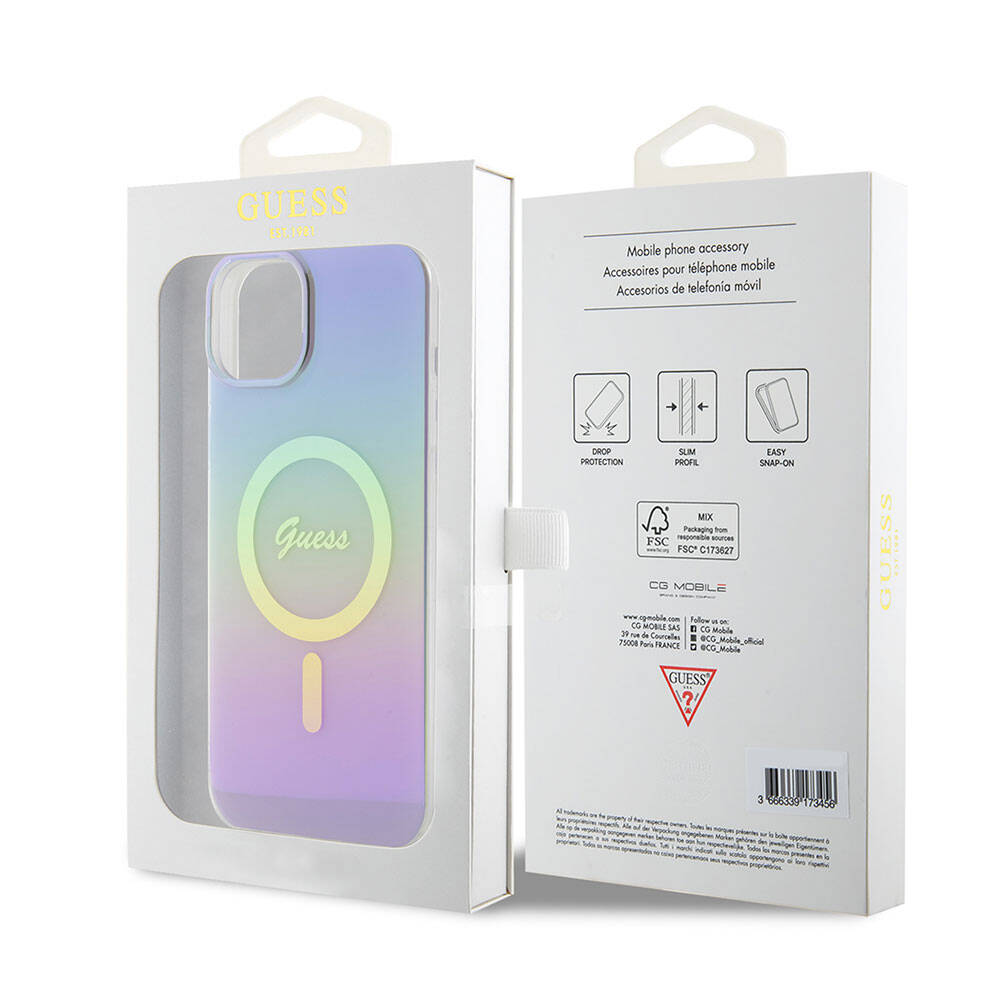 Apple iPhone 15 Plus Uyumlu Kılıf Guess Orjinal Lisanslı Magsafe Şarj Özellikli Yazı Logolu Iridescent Kapak - 20