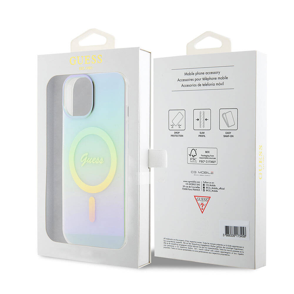 Apple iPhone 15 Plus Uyumlu Kılıf Guess Orjinal Lisanslı Magsafe Şarj Özellikli Yazı Logolu Iridescent Kapak - 27