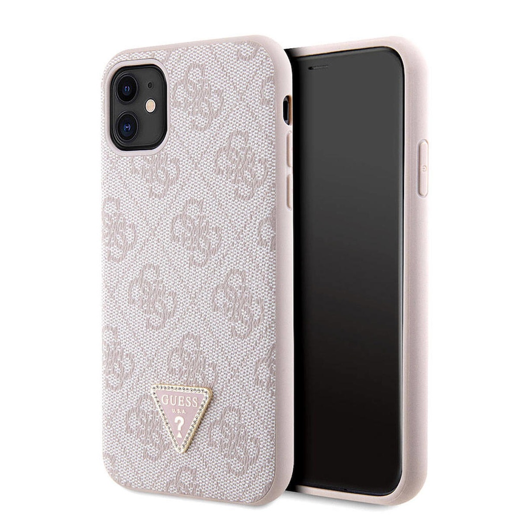 Apple iPhone 11 Uyumlu Kılıf Guess Orjinal Lisanslı PU Deri Taşlı Üçgen Logo 4G Desenli Kapak