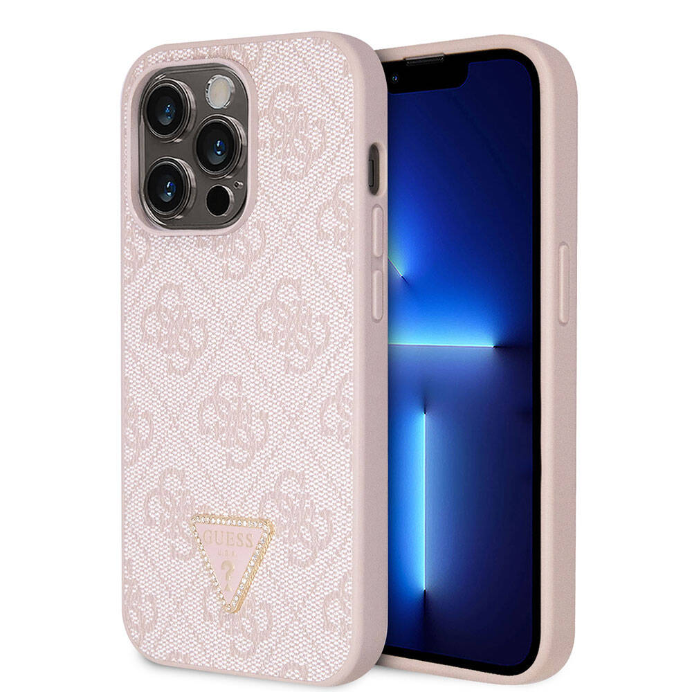 Apple iPhone 14 Pro Max Uyumlu Kılıf Guess Orjinal Lisanslı PU Deri Taşlı Üçgen Logo 4G Desenli Kapak - 14