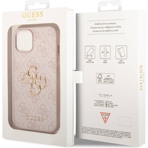 Apple iPhone 15 Uyumlu Kılıf Guess Orjinal Lisanslı PU Deri Yazı ve 4G Metal Logolu Desenli Kapak