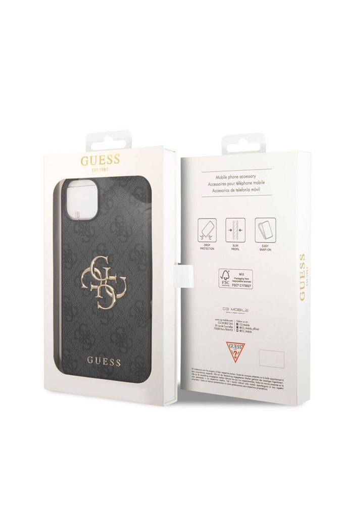 Apple iPhone 15 Plus Uyumlu Kılıf Guess Orjinal Lisanslı PU Deri Yazı ve 4G Metal Logolu Desenli Kapak