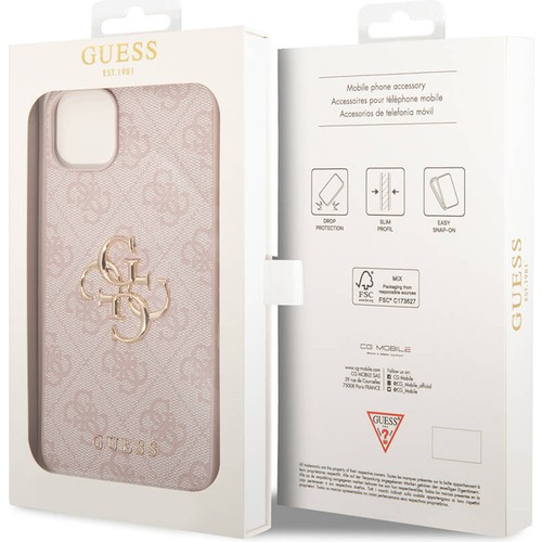 Apple iPhone 15 Plus Uyumlu Kılıf Guess Orjinal Lisanslı PU Deri Yazı ve 4G Metal Logolu Desenli Kapak