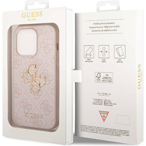 Apple iPhone 15 Pro Max Uyumlu Kılıf Guess Orjinal Lisanslı PU Deri Yazı ve 4G Metal Logolu Desenli Kapak