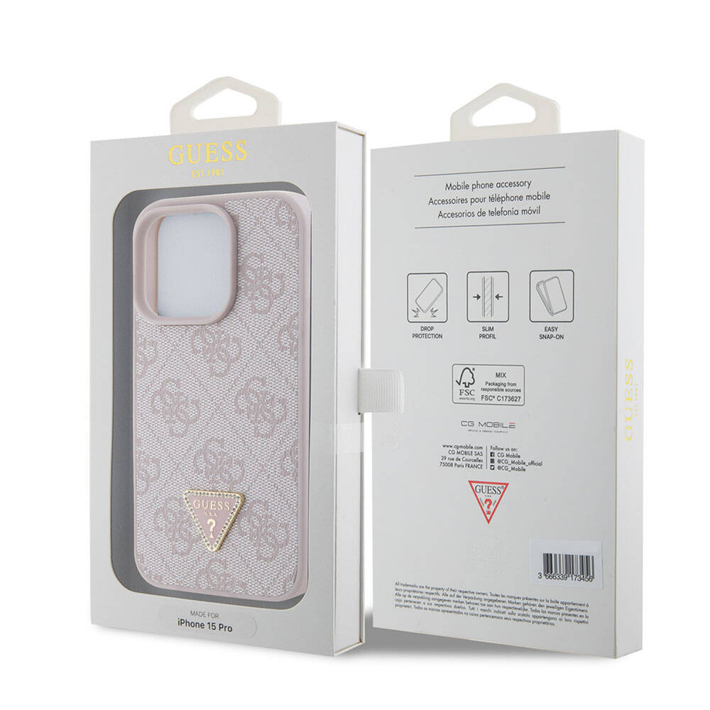 Apple iPhone 15 Pro Uyumlu Kılıf Guess Orjinal Lisanslı PU Deri Taşlı Üçgen Logo 4G Desenli Strass Kapak - 6
