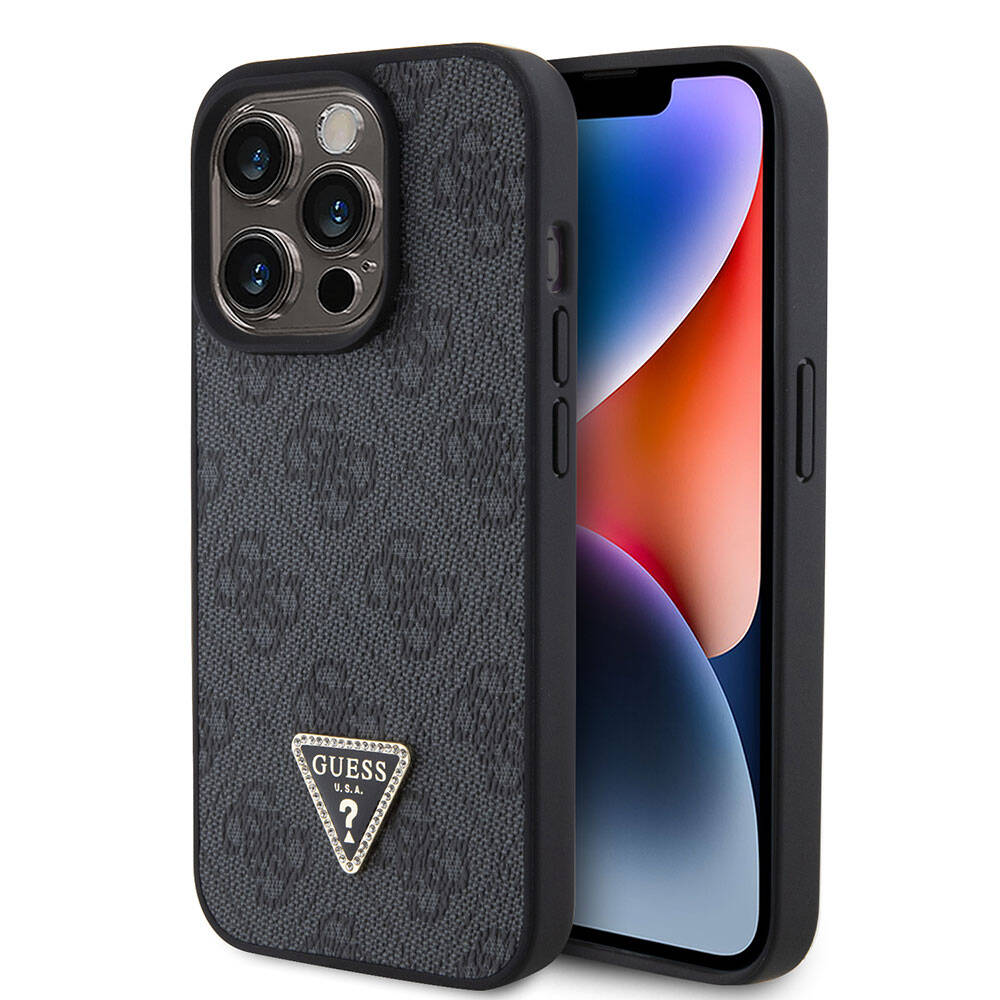Apple iPhone 15 Pro Uyumlu Kılıf Guess Orjinal Lisanslı PU Deri Taşlı Üçgen Logo 4G Desenli Strass Kapak - 7