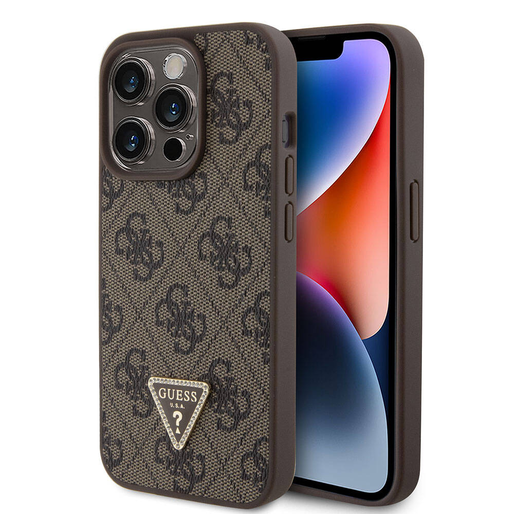 Apple iPhone 15 Pro Uyumlu Kılıf Guess Orjinal Lisanslı PU Deri Taşlı Üçgen Logo 4G Desenli Strass Kapak - 14