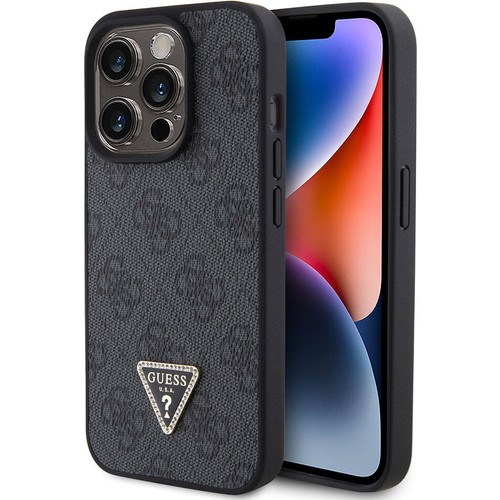 Apple iPhone 15 Pro Uyumlu Kılıf Guess Orjinal Lisanslı PU Deri Taşlı Üçgen Logo 4G Desenli Strass Kapak