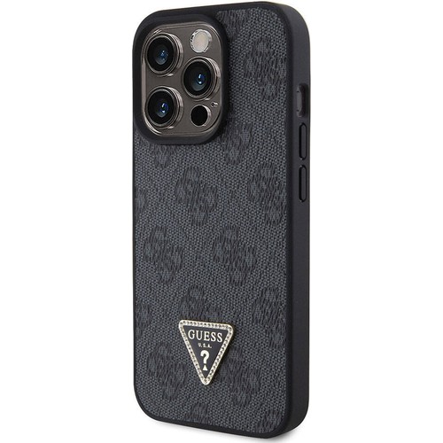 Apple iPhone 15 Pro Uyumlu Kılıf Guess Orjinal Lisanslı PU Deri Taşlı Üçgen Logo 4G Desenli Strass Kapak
