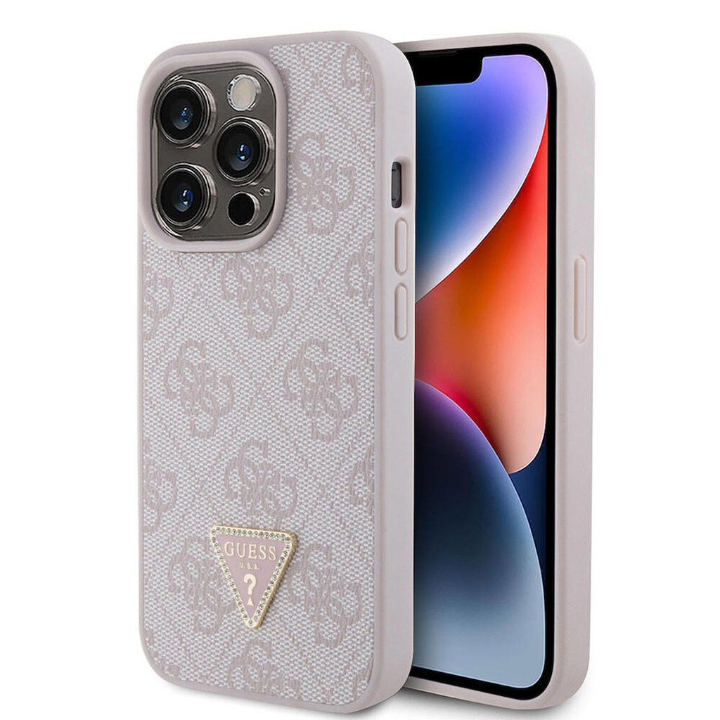 Apple iPhone 15 Pro Uyumlu Kılıf Guess Orjinal Lisanslı PU Deri Taşlı Üçgen Logo 4G Desenli Strass Kapak