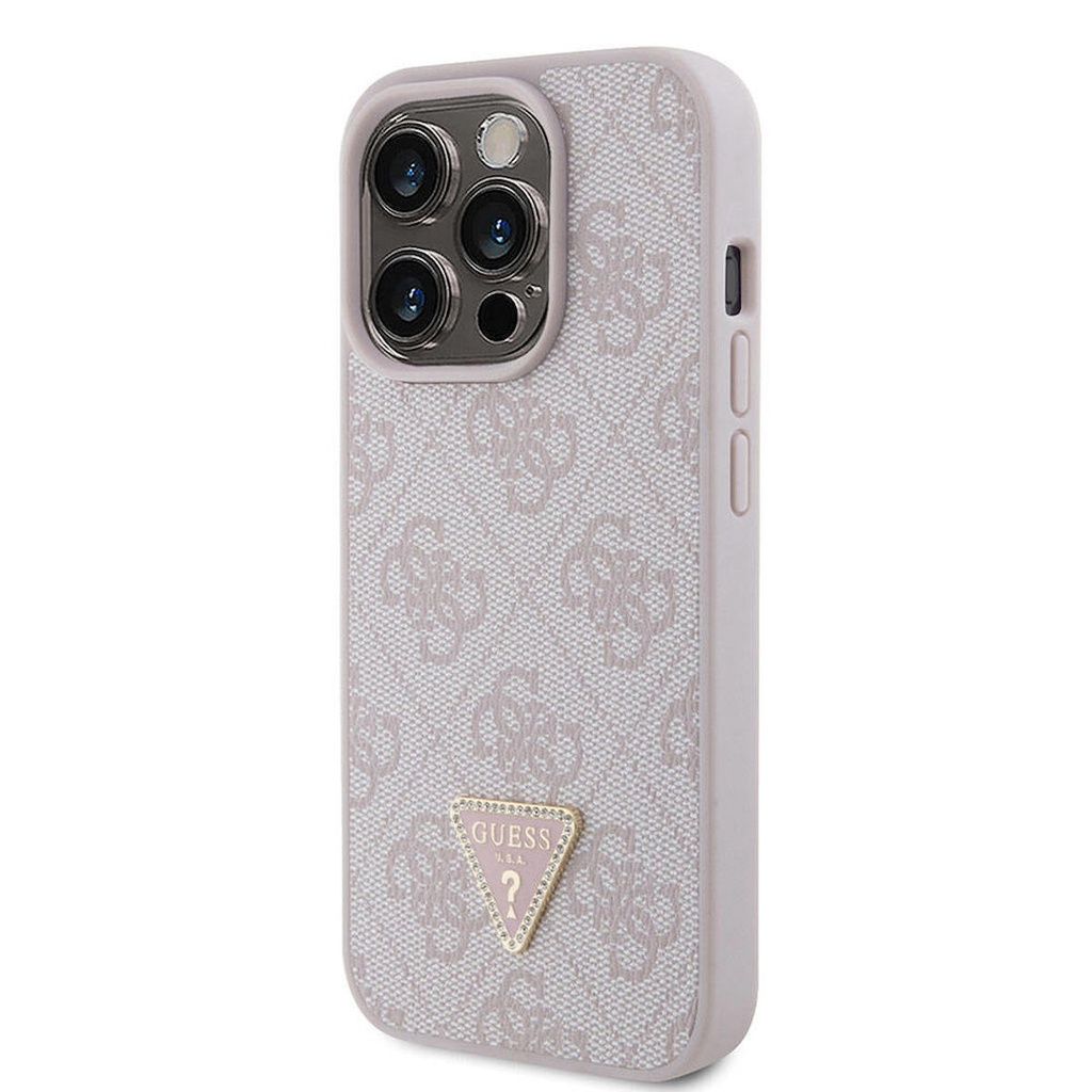 Apple iPhone 15 Pro Uyumlu Kılıf Guess Orjinal Lisanslı PU Deri Taşlı Üçgen Logo 4G Desenli Strass Kapak