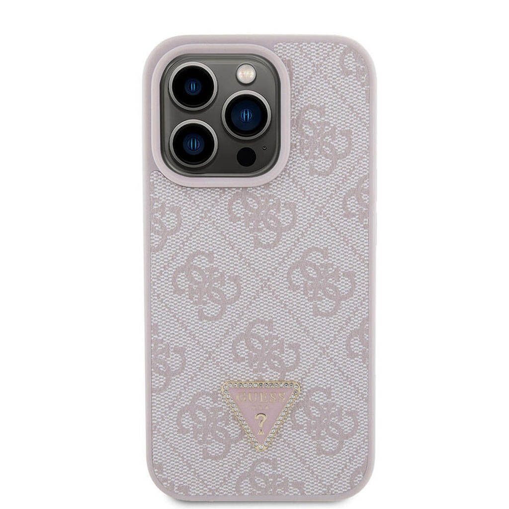 Apple iPhone 15 Pro Uyumlu Kılıf Guess Orjinal Lisanslı PU Deri Taşlı Üçgen Logo 4G Desenli Strass Kapak