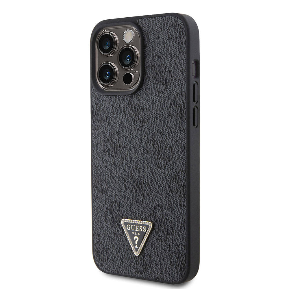 Apple iPhone 15 Pro Max Uyumlu Kılıf Guess Orjinal Lisanslı PU Deri Taşlı Üçgen Logo 4G Desenli Strass Kapak - 1