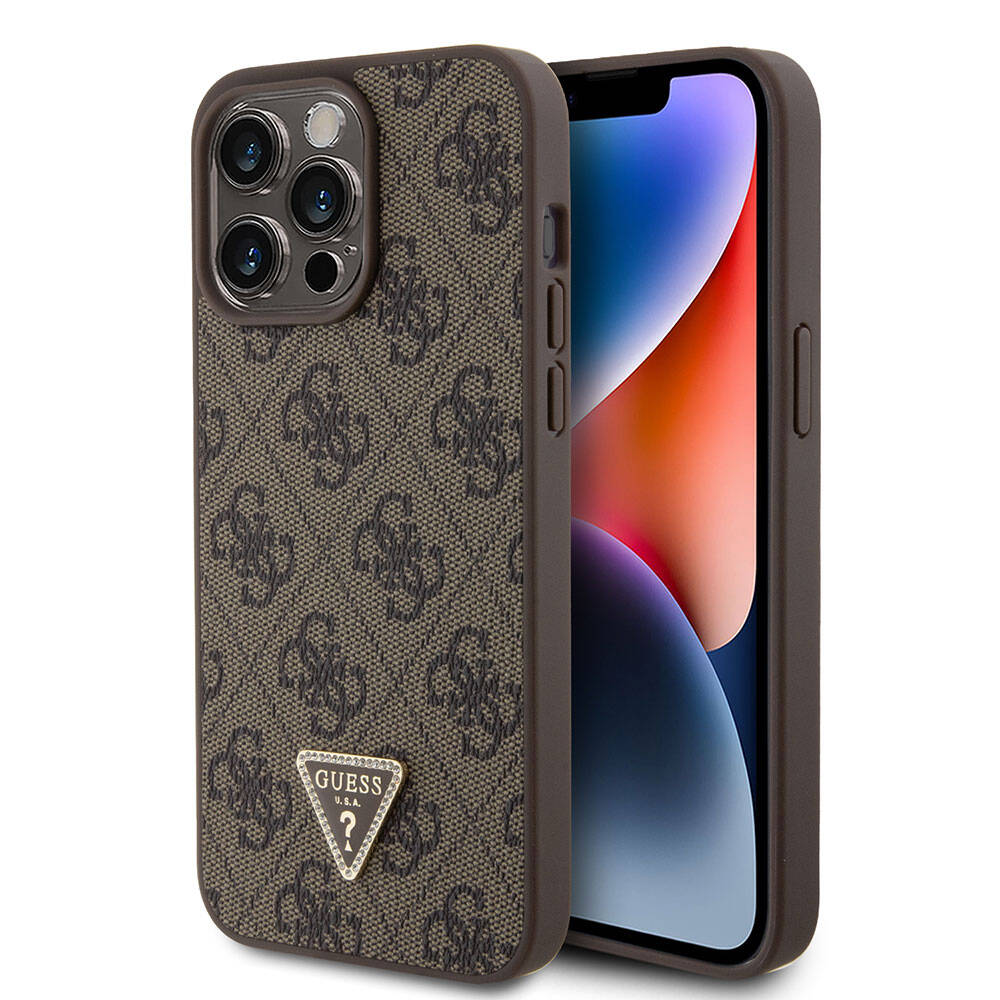 Apple iPhone 15 Pro Max Uyumlu Kılıf Guess Orjinal Lisanslı PU Deri Taşlı Üçgen Logo 4G Desenli Strass Kapak - 7