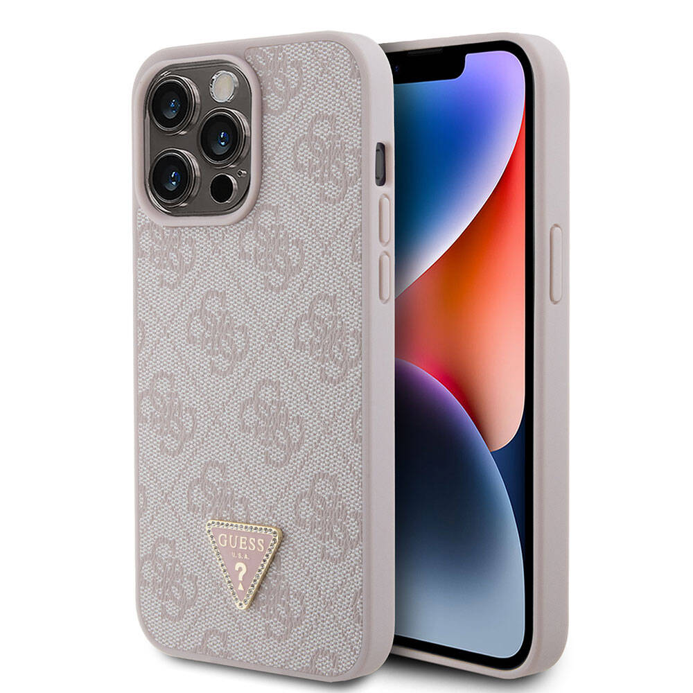 Apple iPhone 15 Pro Max Uyumlu Kılıf Guess Orjinal Lisanslı PU Deri Taşlı Üçgen Logo 4G Desenli Strass Kapak - 14