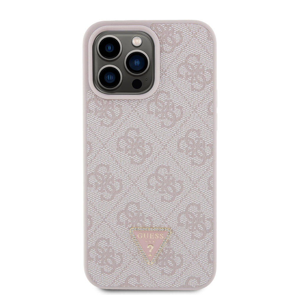 Apple iPhone 15 Pro Max Uyumlu Kılıf Guess Orjinal Lisanslı PU Deri Taşlı Üçgen Logo 4G Desenli Strass Kapak - 16