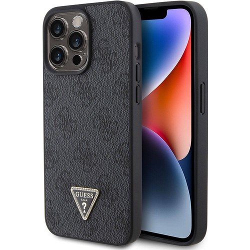 Apple iPhone 15 Pro Max Uyumlu Kılıf Guess Orjinal Lisanslı PU Deri Taşlı Üçgen Logo 4G Desenli Strass Kapak