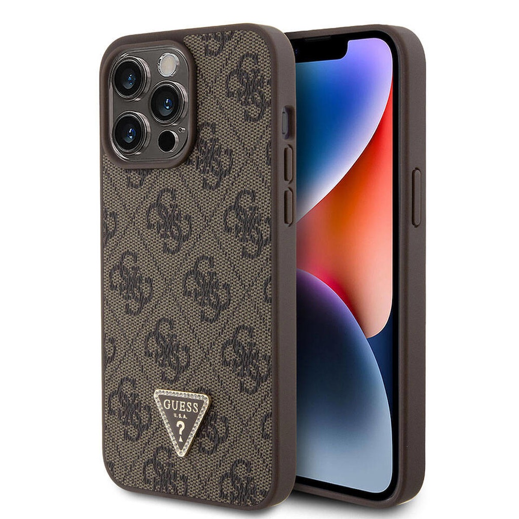 Apple iPhone 15 Pro Max Uyumlu Kılıf Guess Orjinal Lisanslı PU Deri Taşlı Üçgen Logo 4G Desenli Strass Kapak