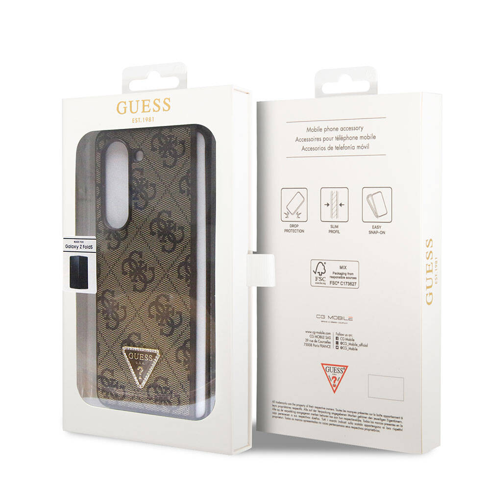 Samsung Galaxy Z Fold 5 Uyumlu Kılıf Guess Orjinal Lisanslı PU Deri Taşlı Üçgen Logo 4G Desenli Strass Kapak - 5