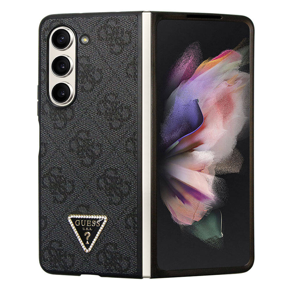 Samsung Galaxy Z Fold 5 Uyumlu Kılıf Guess Orjinal Lisanslı PU Deri Taşlı Üçgen Logo 4G Desenli Strass Kapak - 6