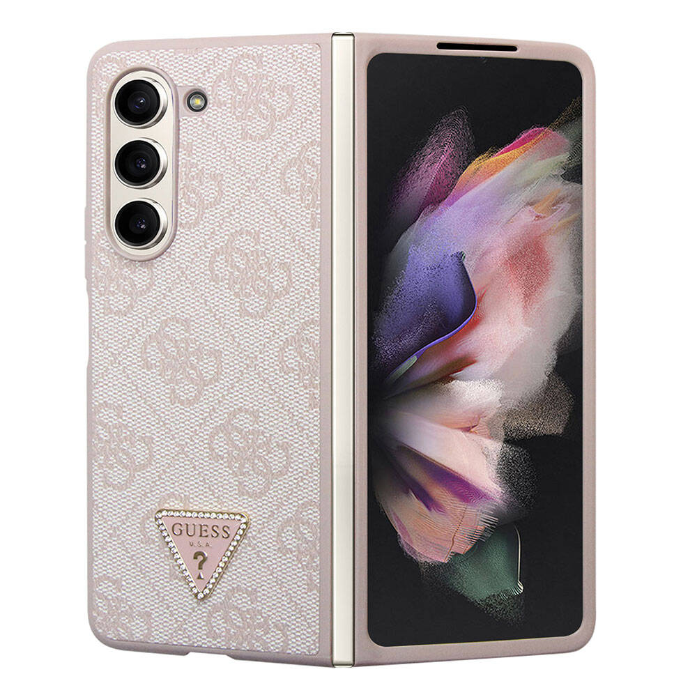 Samsung Galaxy Z Fold 5 Uyumlu Kılıf Guess Orjinal Lisanslı PU Deri Taşlı Üçgen Logo 4G Desenli Strass Kapak - 12