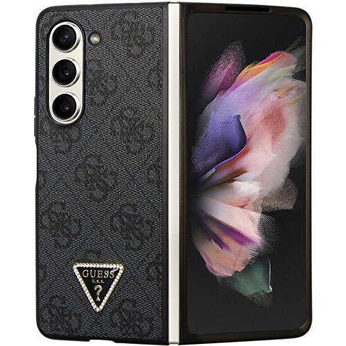 Samsung Galaxy Z Fold 5 Uyumlu Kılıf Guess Orjinal Lisanslı PU Deri Taşlı Üçgen Logo 4G Desenli Strass Kapak