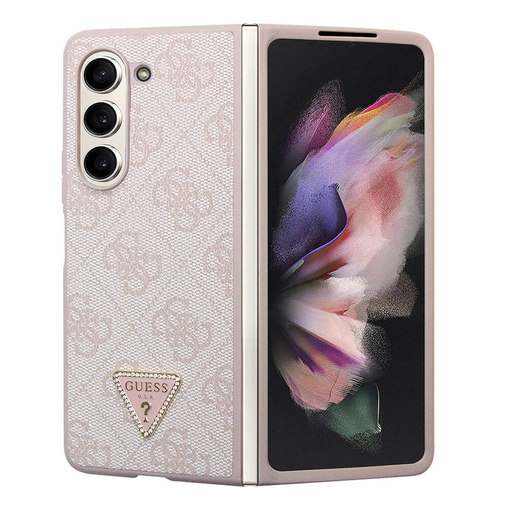 Samsung Galaxy Z Fold 5 Uyumlu Kılıf Guess Orjinal Lisanslı PU Deri Taşlı Üçgen Logo 4G Desenli Strass Kapak