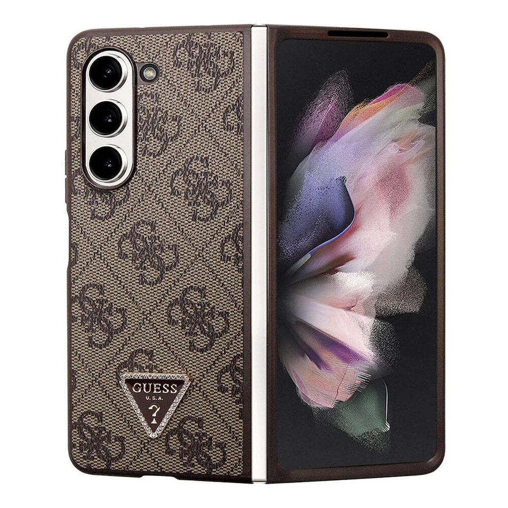 Samsung Galaxy Z Fold 5 Uyumlu Kılıf Guess Orjinal Lisanslı PU Deri Taşlı Üçgen Logo 4G Desenli Strass Kapak