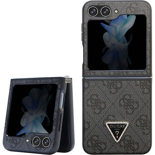 Samsung Galaxy Z Flip 5 Uyumlu Kılıf Guess Orjinal Lisanslı PU Deri Taşlı Üçgen Logo 4G Desenli Strass Kapak
