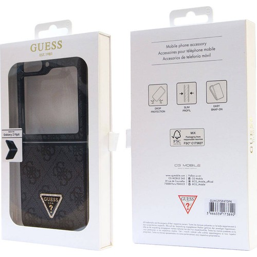 Samsung Galaxy Z Flip 5 Uyumlu Kılıf Guess Orjinal Lisanslı PU Deri Taşlı Üçgen Logo 4G Desenli Strass Kapak