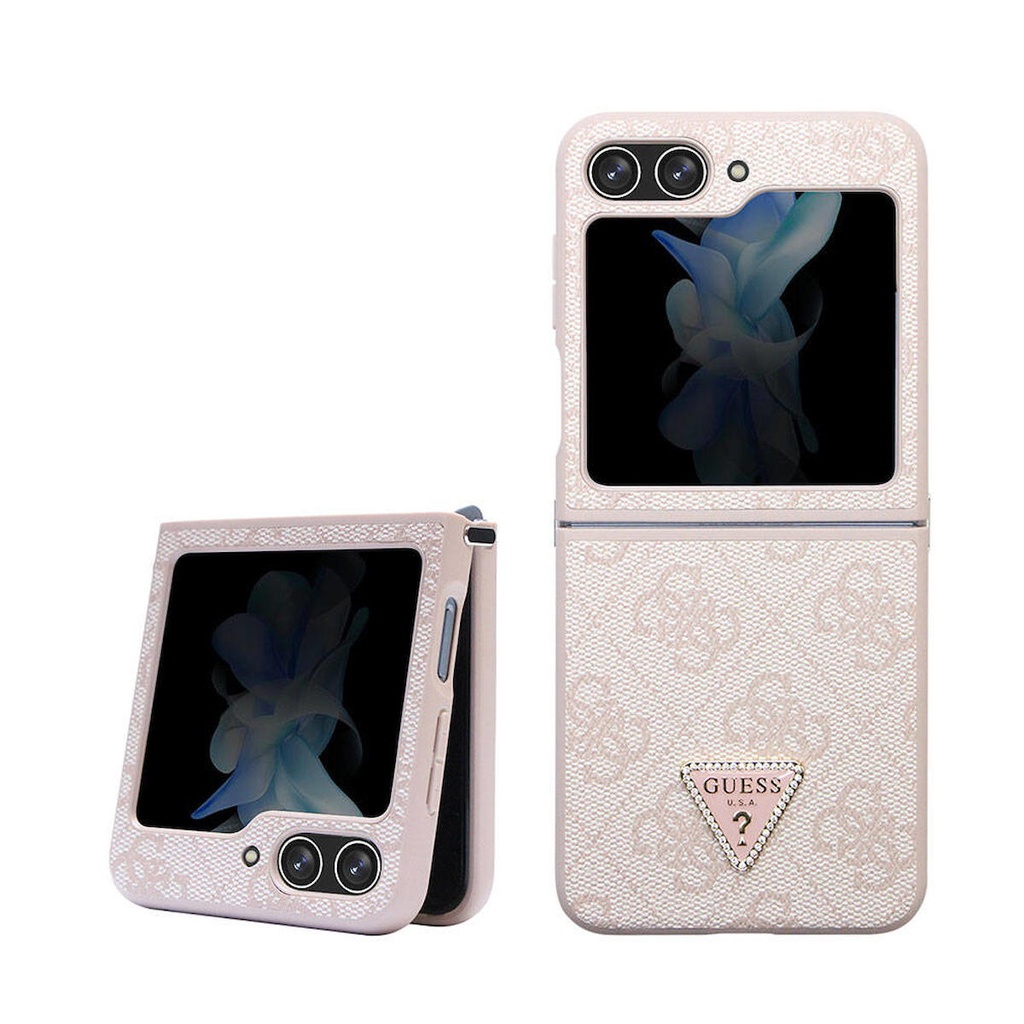 Samsung Galaxy Z Flip 5 Uyumlu Kılıf Guess Orjinal Lisanslı PU Deri Taşlı Üçgen Logo 4G Desenli Strass Kapak