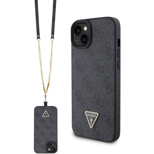 Apple iPhone 15 Uyumlu Kılıf Guess Orjinal Lisanslı PU Deri Askılı Taşlı Üçgen Logo 4G Desenli Strass Crossbody Kapak