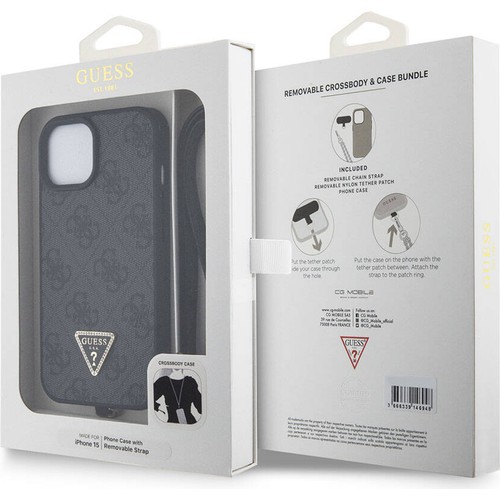 Apple iPhone 15 Uyumlu Kılıf Guess Orjinal Lisanslı PU Deri Askılı Taşlı Üçgen Logo 4G Desenli Strass Crossbody Kapak