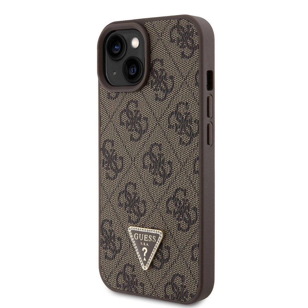Apple iPhone 15 Uyumlu Kılıf Guess Orjinal Lisanslı PU Deri Askılı Taşlı Üçgen Logo 4G Desenli Strass Crossbody Kapak