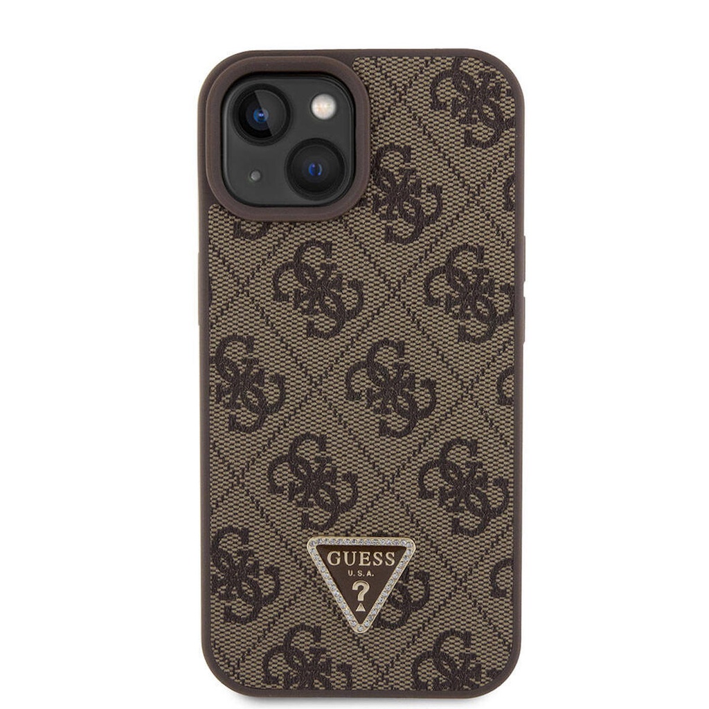 Apple iPhone 15 Uyumlu Kılıf Guess Orjinal Lisanslı PU Deri Askılı Taşlı Üçgen Logo 4G Desenli Strass Crossbody Kapak