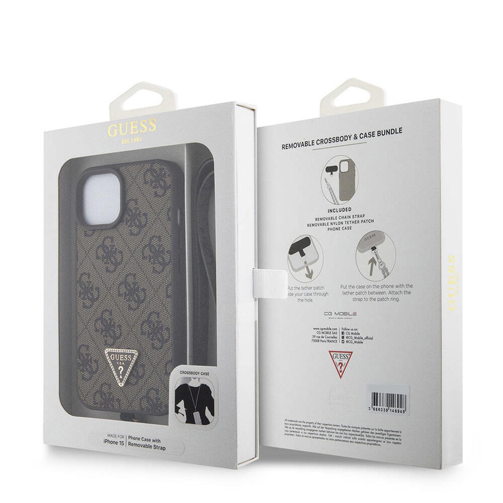 Apple iPhone 15 Uyumlu Kılıf Guess Orjinal Lisanslı PU Deri Askılı Taşlı Üçgen Logo 4G Desenli Strass Crossbody Kapak