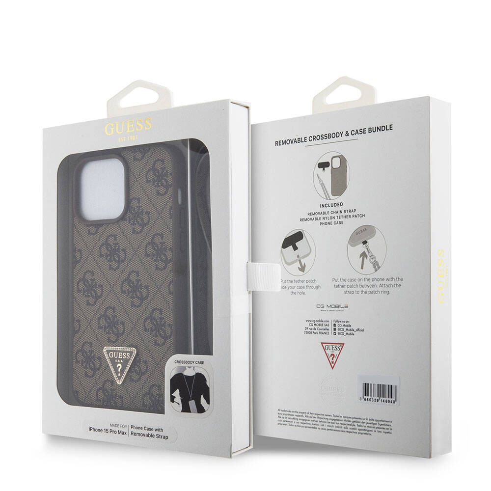 Apple iPhone 15 Pro Max Uyumlu Kılıf Guess Orjinal Lisanslı PU Deri Askılı Taşlı Üçgen Logo 4G Desenli Strass Crossbody Kapak - 15