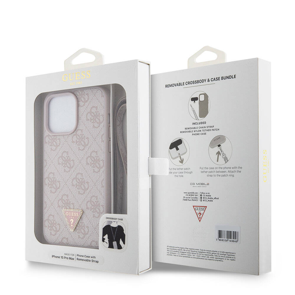 Apple iPhone 15 Pro Max Uyumlu Kılıf Guess Orjinal Lisanslı PU Deri Askılı Taşlı Üçgen Logo 4G Desenli Strass Crossbody Kapak - 23