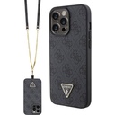 Apple iPhone 15 Pro Max Uyumlu Kılıf Guess Orjinal Lisanslı PU Deri Askılı Taşlı Üçgen Logo 4G Desenli Strass Crossbody Kapak
