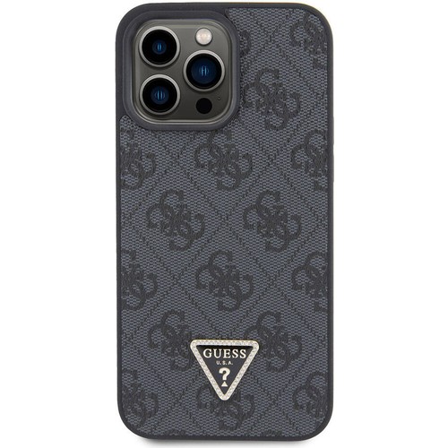 Apple iPhone 15 Pro Max Uyumlu Kılıf Guess Orjinal Lisanslı PU Deri Askılı Taşlı Üçgen Logo 4G Desenli Strass Crossbody Kapak