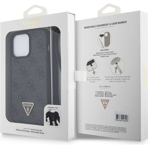 Apple iPhone 15 Pro Max Uyumlu Kılıf Guess Orjinal Lisanslı PU Deri Askılı Taşlı Üçgen Logo 4G Desenli Strass Crossbody Kapak