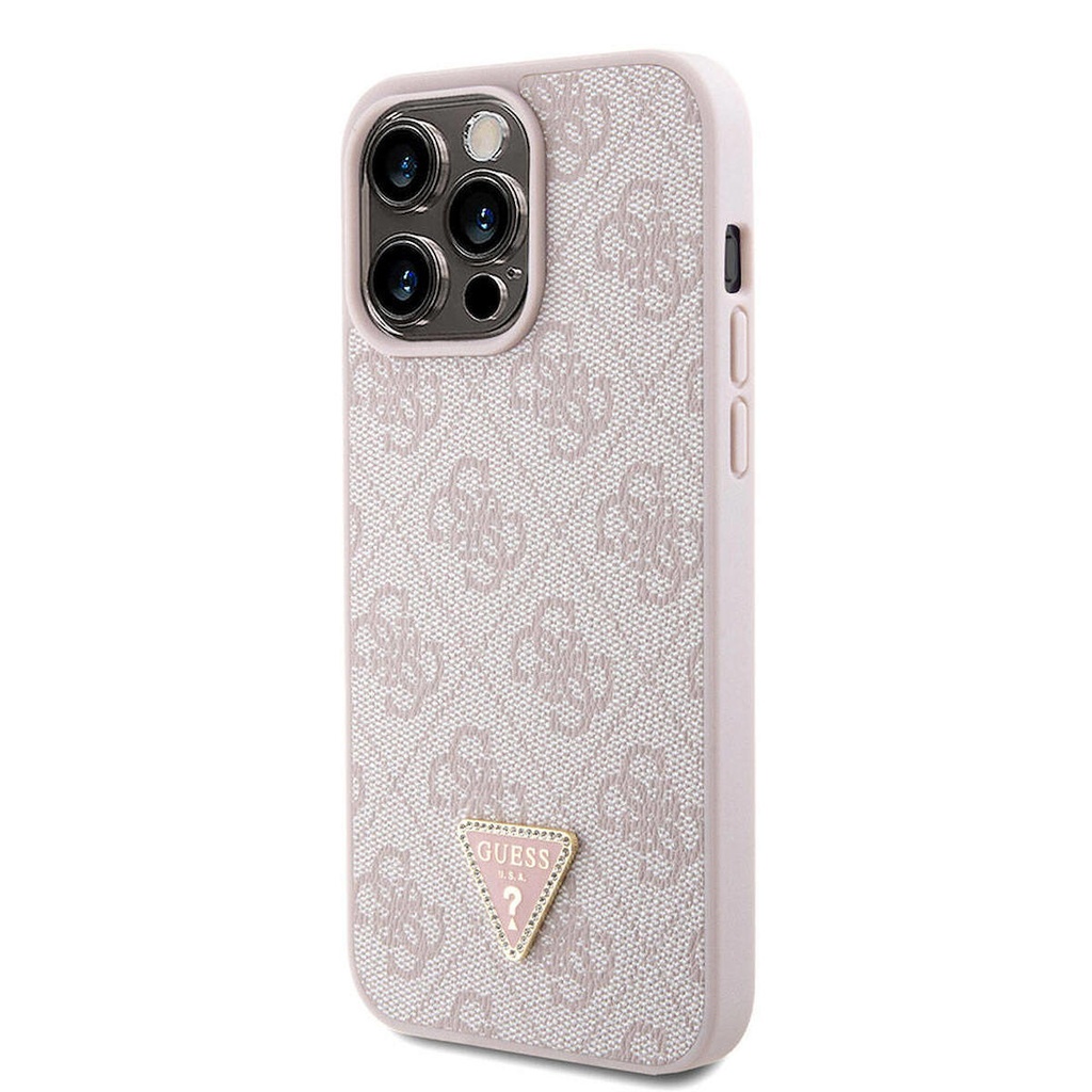 Apple iPhone 15 Pro Max Uyumlu Kılıf Guess Orjinal Lisanslı PU Deri Askılı Taşlı Üçgen Logo 4G Desenli Strass Crossbody Kapak