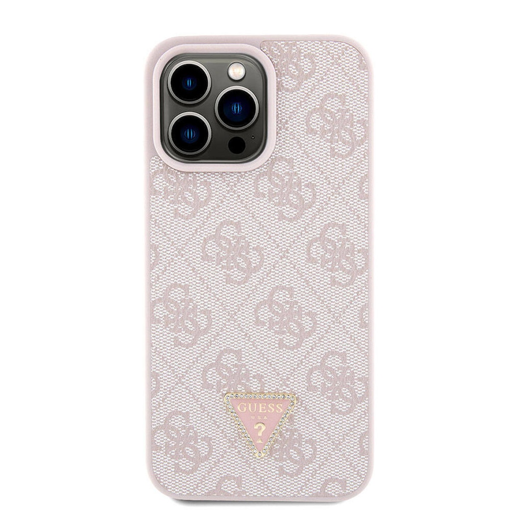 Apple iPhone 15 Pro Max Uyumlu Kılıf Guess Orjinal Lisanslı PU Deri Askılı Taşlı Üçgen Logo 4G Desenli Strass Crossbody Kapak