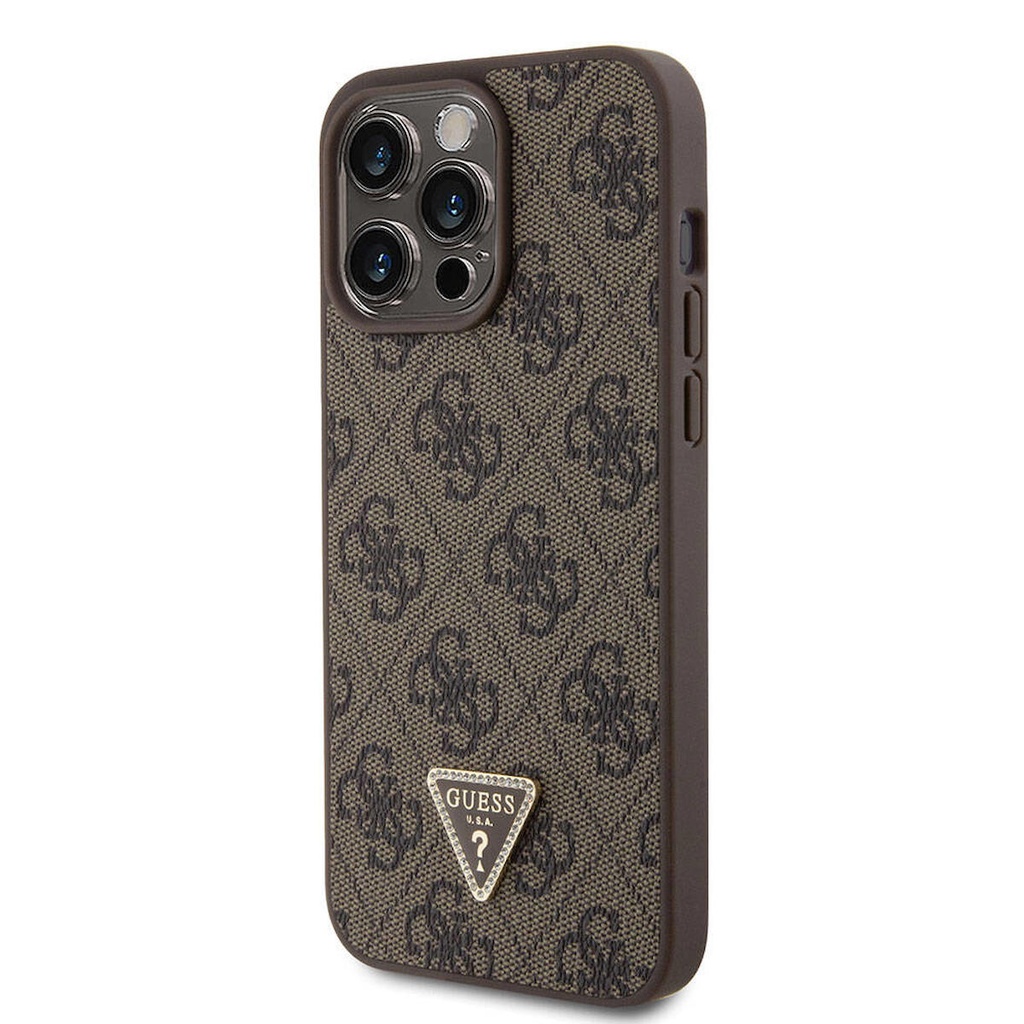 Apple iPhone 15 Pro Max Uyumlu Kılıf Guess Orjinal Lisanslı PU Deri Askılı Taşlı Üçgen Logo 4G Desenli Strass Crossbody Kapak