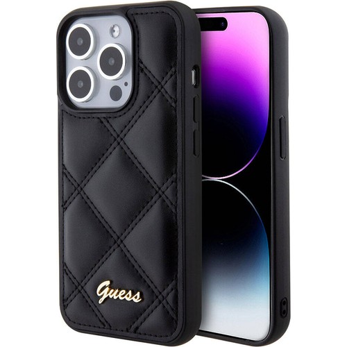 Apple iPhone 15 Pro Uyumlu Kılıf Guess Orjinal Lisanslı PU Deri Metal Yazı Logolu Kapitone Kapak