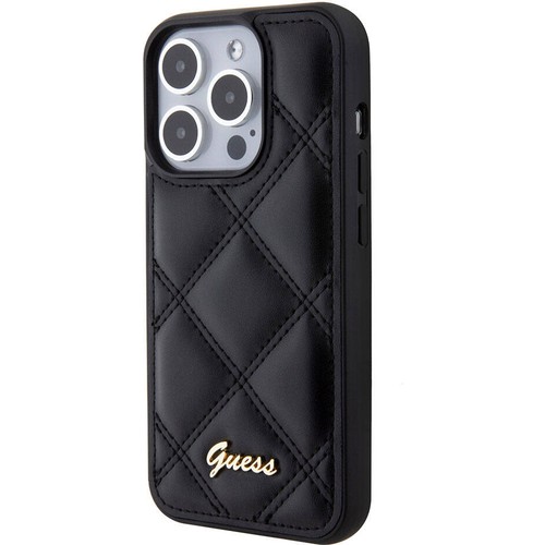 Apple iPhone 15 Pro Uyumlu Kılıf Guess Orjinal Lisanslı PU Deri Metal Yazı Logolu Kapitone Kapak