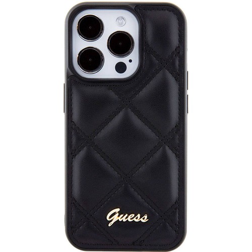 Apple iPhone 15 Pro Uyumlu Kılıf Guess Orjinal Lisanslı PU Deri Metal Yazı Logolu Kapitone Kapak