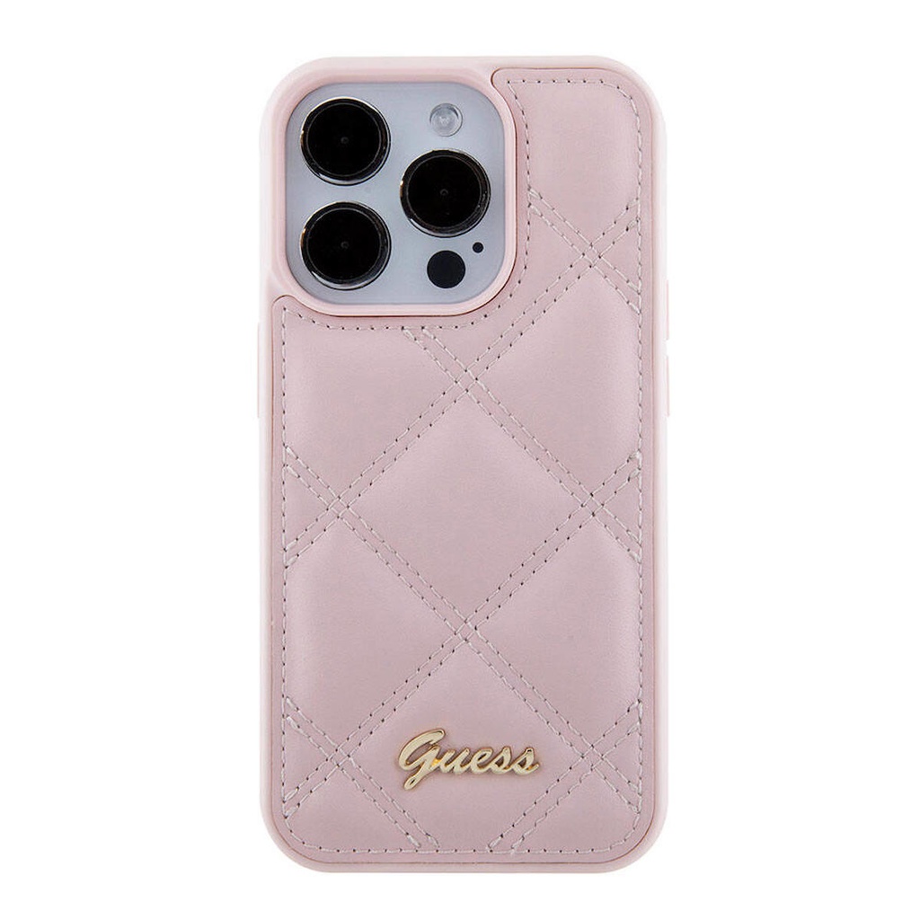 Apple iPhone 15 Pro Uyumlu Kılıf Guess Orjinal Lisanslı PU Deri Metal Yazı Logolu Kapitone Kapak